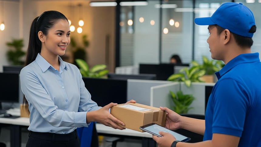 A woman receiving a package from a delivery worker in an office.