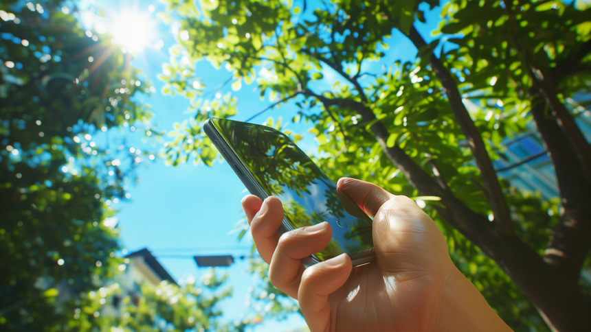 A person holding a phone reflecting a sunny sky and green trees.