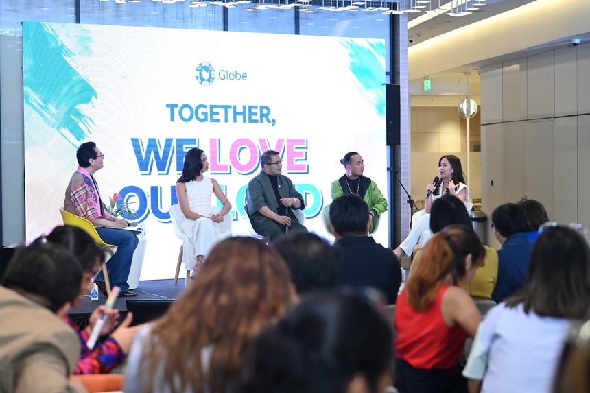 Panelists in a fireside chat about inclusion during Globe Pride event.