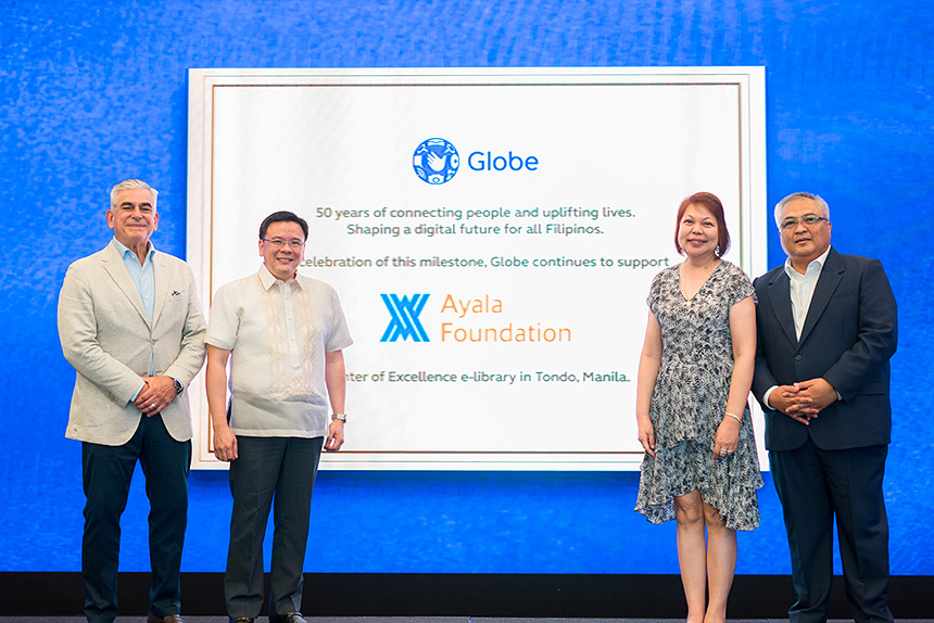 Leaders from Globe and the Ayala Foundation commemorate a partnership during Globe's 50th year as a publicly listed company celebration.