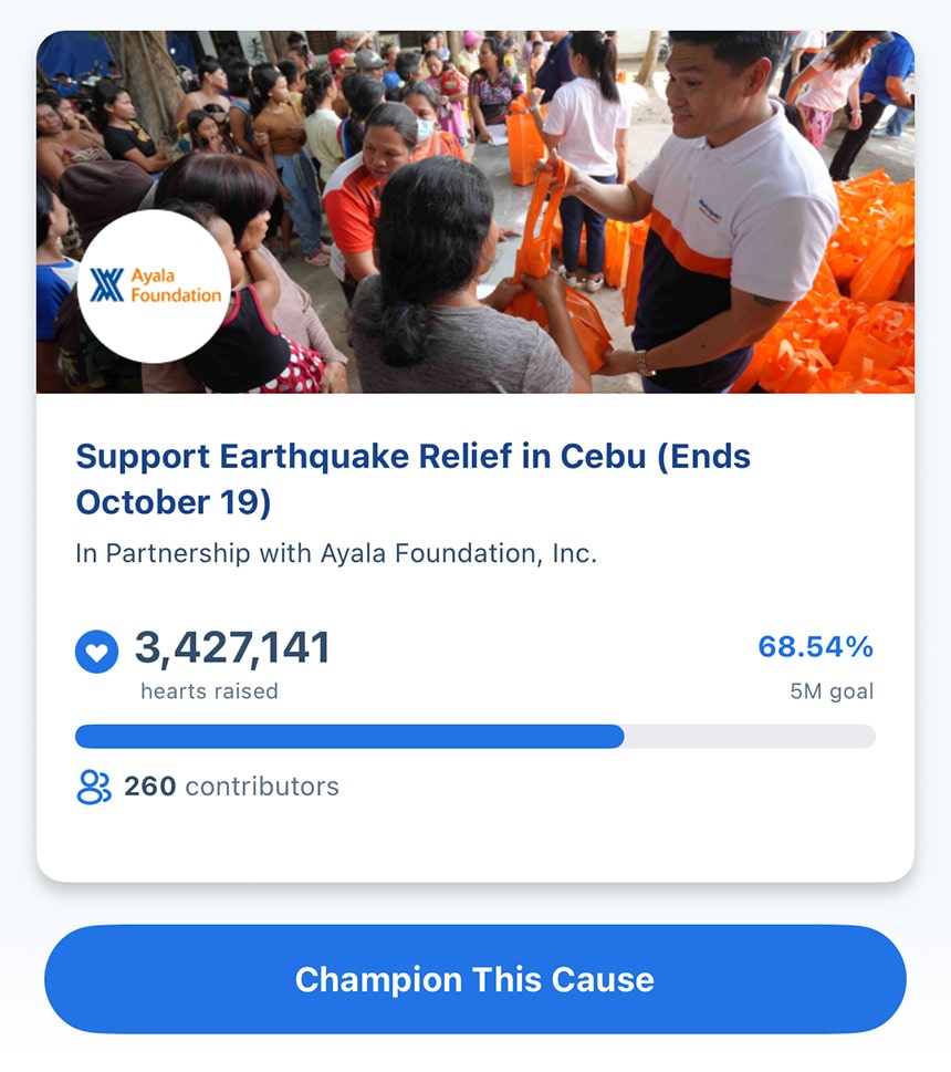 Support Earthquake Relief in Cebu through GoGIVE on GlobeOne app.