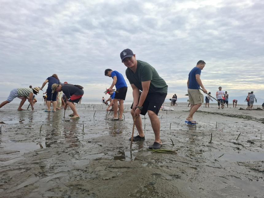 A group of volunteers planting mangrove seedlings on a muddy shoreline.