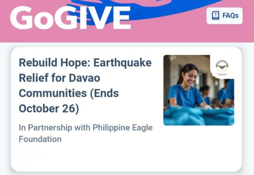 GoGIVE banner for âRebuild Hope: Earthquake Relief for Davao Communities,â ending October 26. In partnership with Philippine Eagle Foundation.