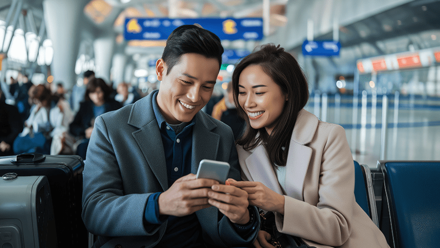 Man and woman smiling while holding a phone