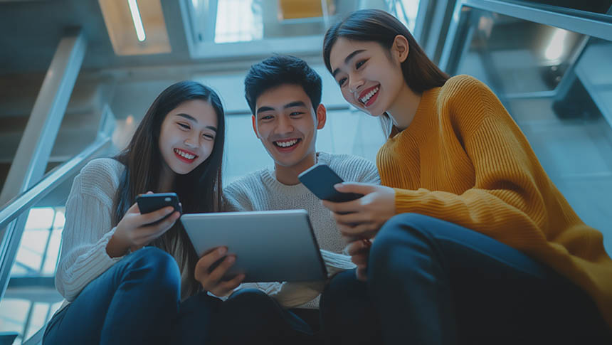 Three young people sitting while using smartphones and a tablet together.