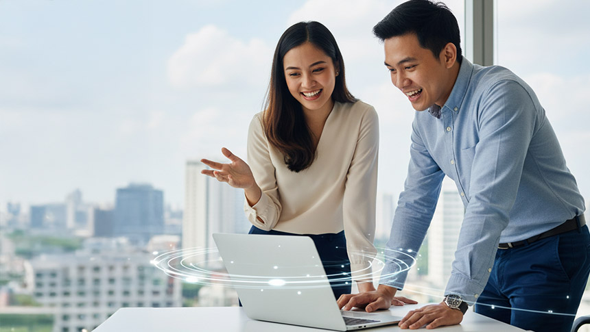 A male and a female professional discussing work while looking at a laptop.