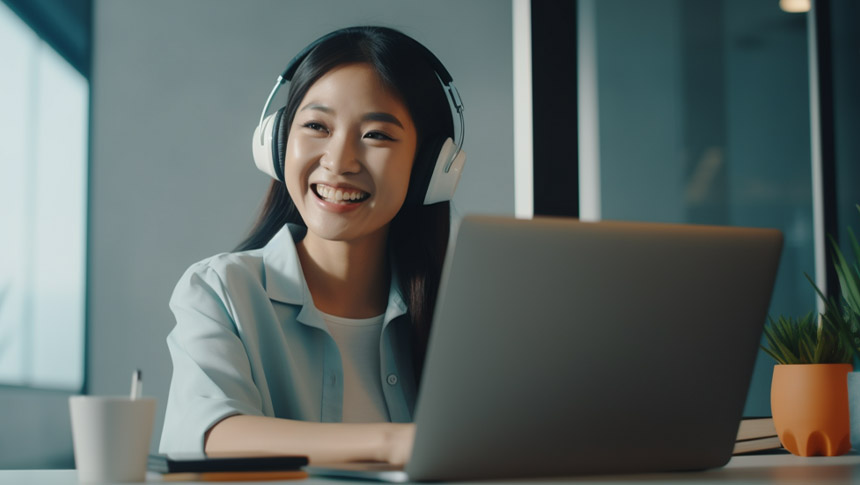 A female employee smiling while working at the office.