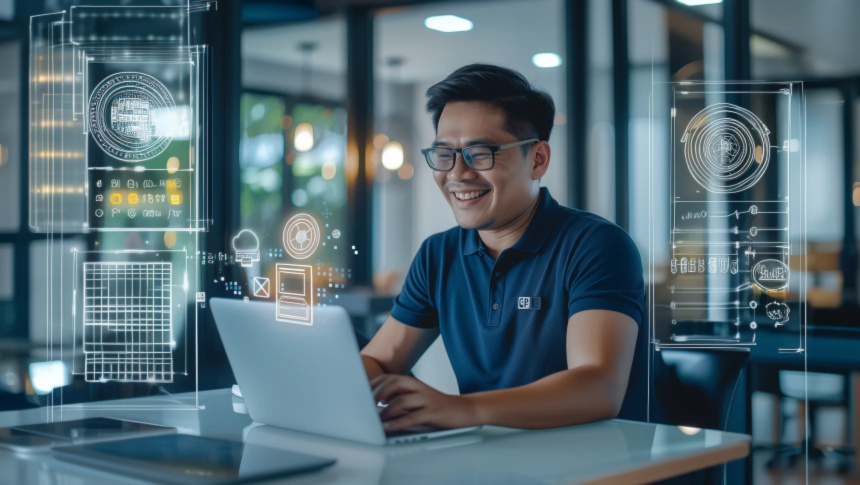 An Asian male professional using his laptop at work.