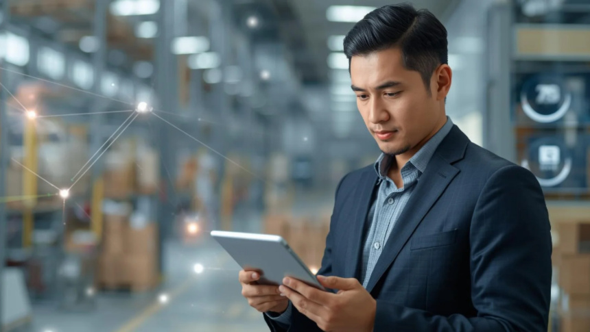 A male Asian professional looking at his tablet.