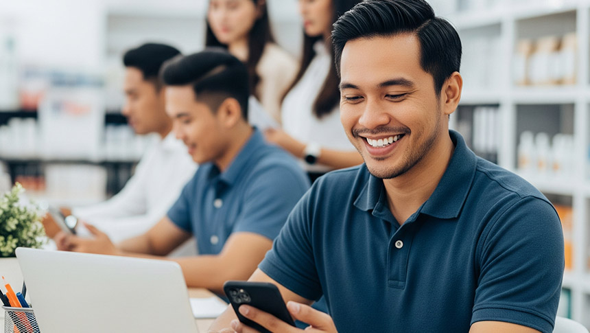 A group of professionals using mobile phones and laptops for work collaboration.