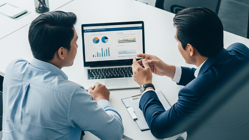 Two male professionals looking at a chart on a laptop.