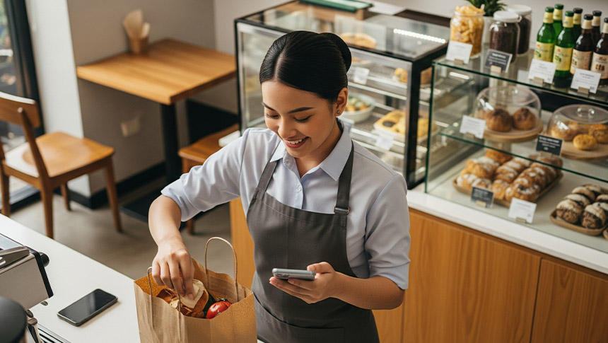 A female barista putting orders on a paper bag.