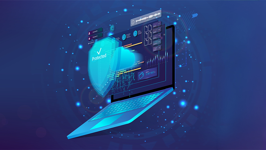 Vector illustration of a laptop displaying a shield representing online protection.