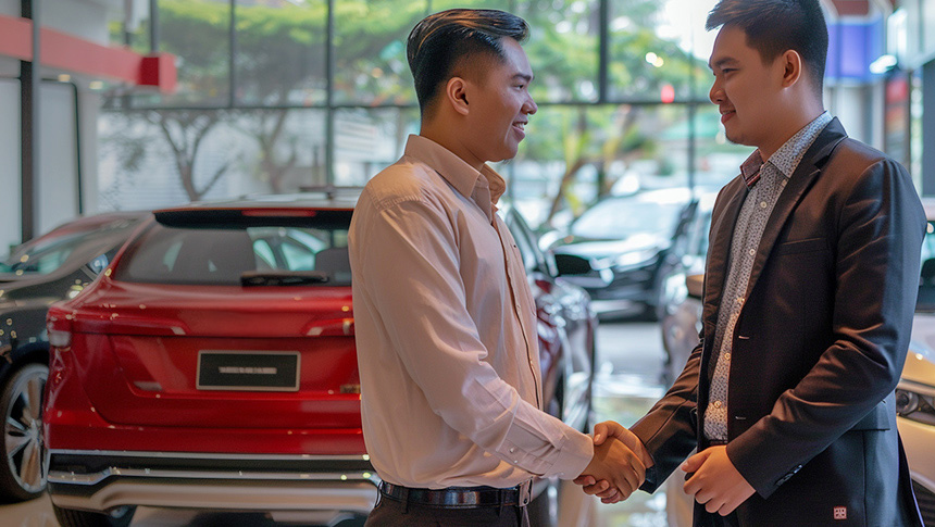 Two smiling men shaking hands in a car dealership showroom with cars visible in the background.