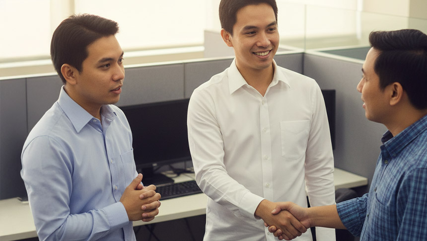 Three male professionals talking and shaking hands at the office