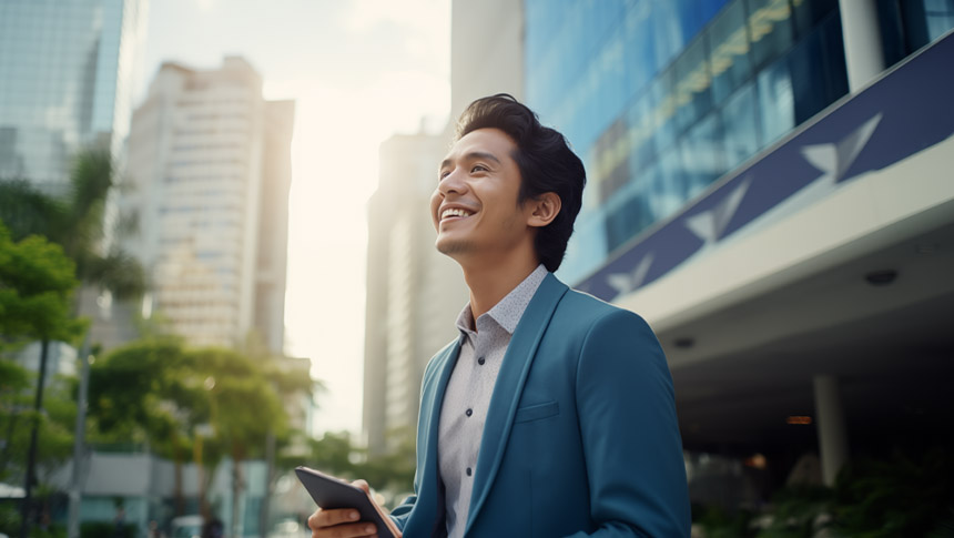 A male professional smiling while outside the office.