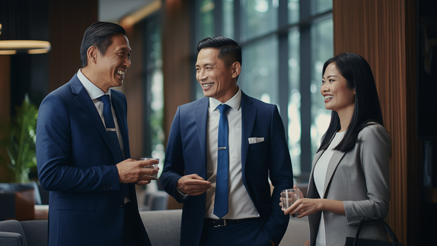 Three professionals talking and laughing at the office.