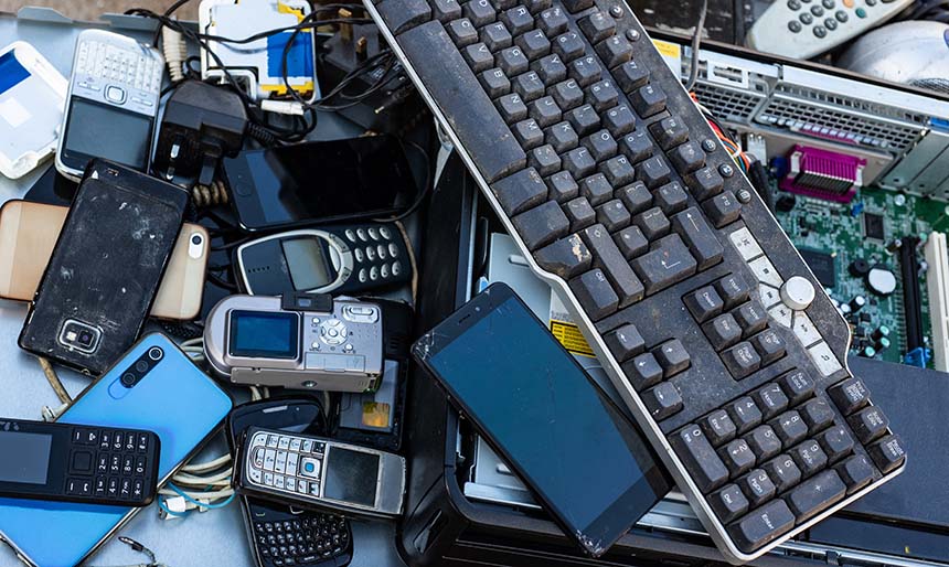 Pile of electronic waste, like old keyboards and cell phones.