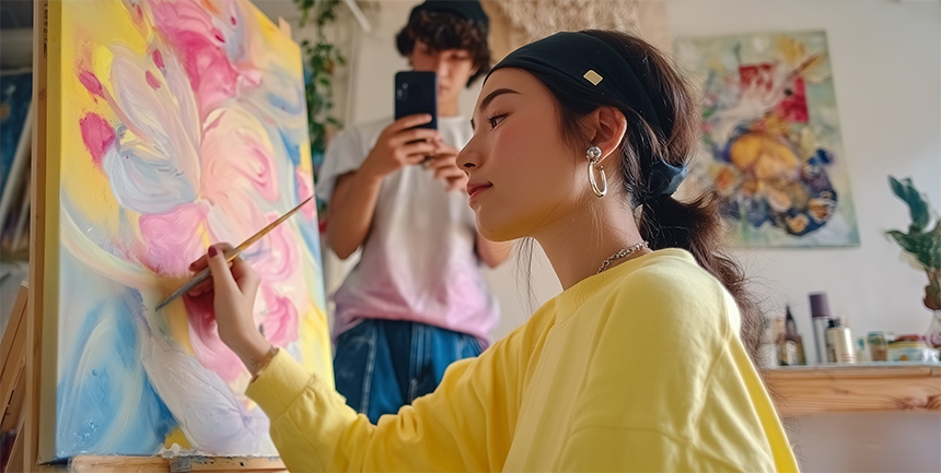 A female student painting while a male student in the background photographs her with a phone.