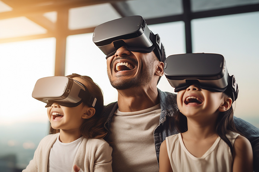 A dad and his two kids laughing while using VR headsets at home.