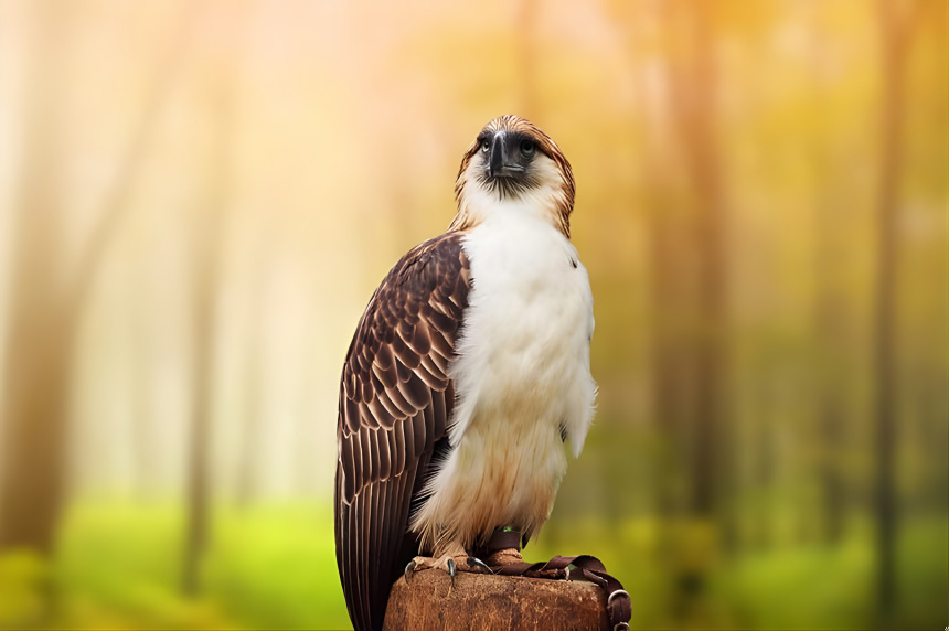A large bird of prey with a white breast and brown wings perched on a wooden stump against a blurred forest background.