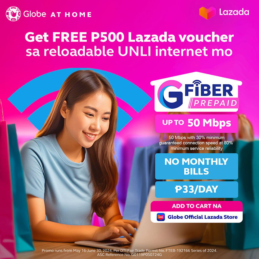 Promotional poster of Globe GFiber Prepaid offering 50 Mbps UNLI internet for â±33 per day with a free â±500 Lazada voucher included.