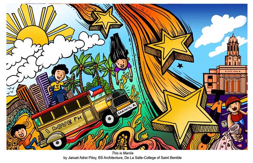A colorful digital mural titled This is Manila featuring jeepneys, palm trees, cityscapes, and iconic Manila landmarks.
