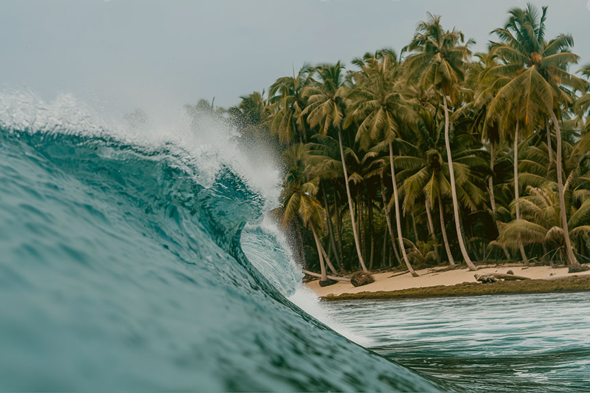 Wave breaking near beach with palm trees.