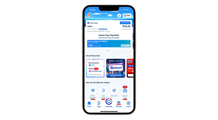 Smartphone showing the GlobeOne app dashboard with prepaid balance, data usage, and promo options.