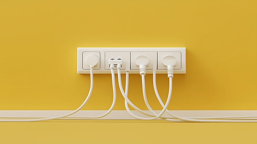 A modern power strip to save electricity with multiple plugs against a bright yellow wall.