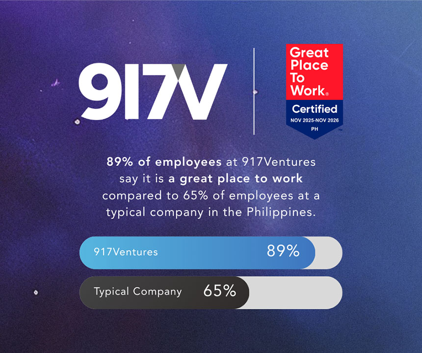 Survey results showing 89% of employees at 917Ventures say itâs a great place to work.
