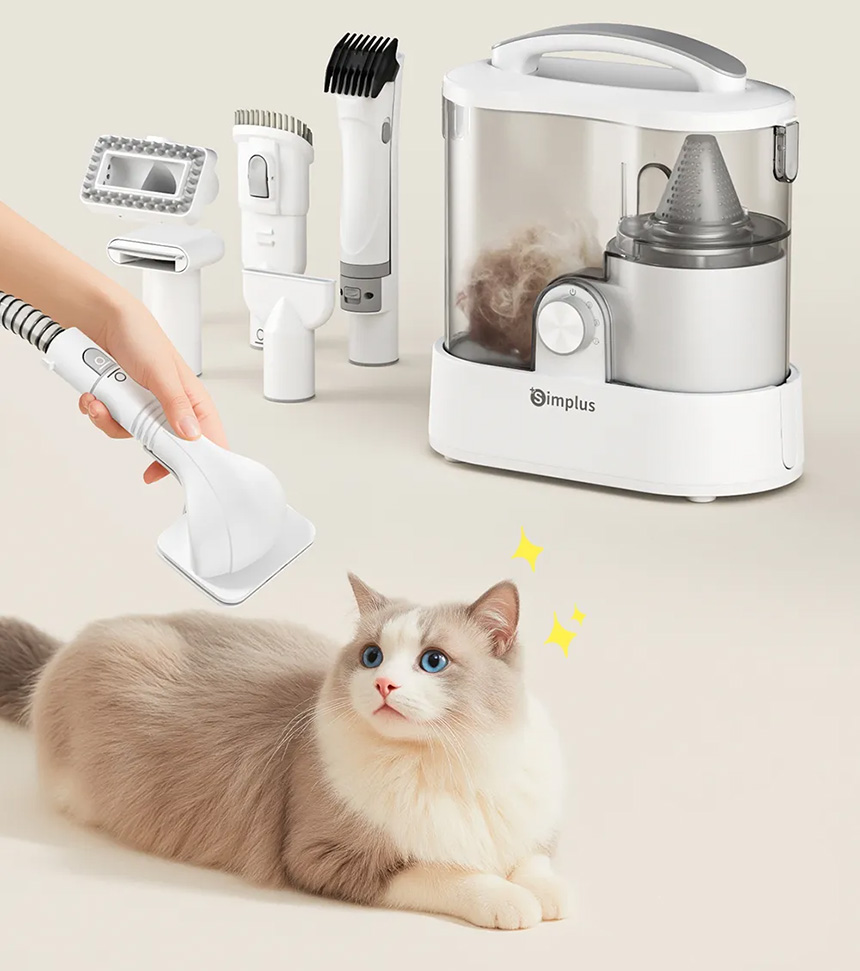Simplus grooming vacuum with multiple attachments brushing a long-haired cat while collecting loose fur.