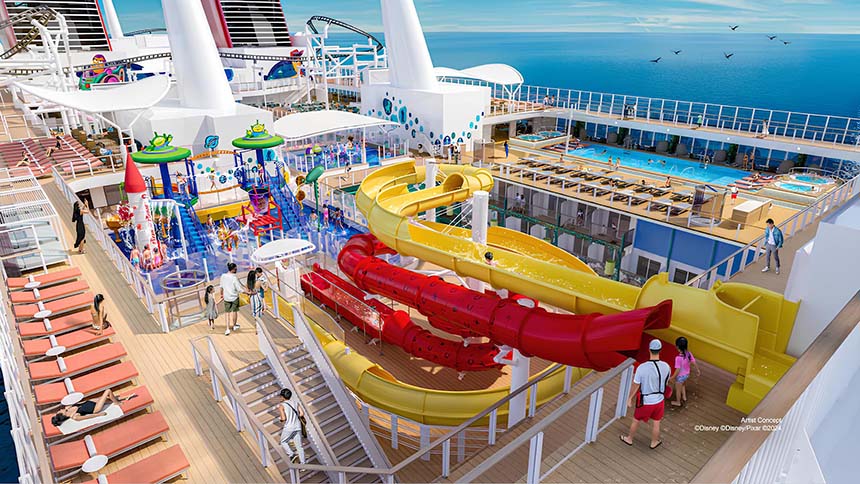 Colorful water slides and family splash area on the Disney Adventure Cruise deck overlooking the ocean.