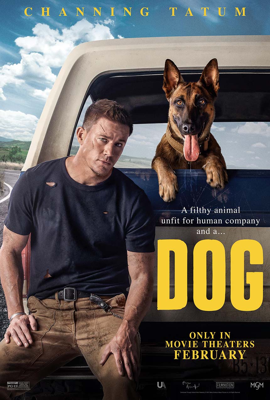 Official Dog movie poster featuring a man and a Belgian Malinois on a road trip.