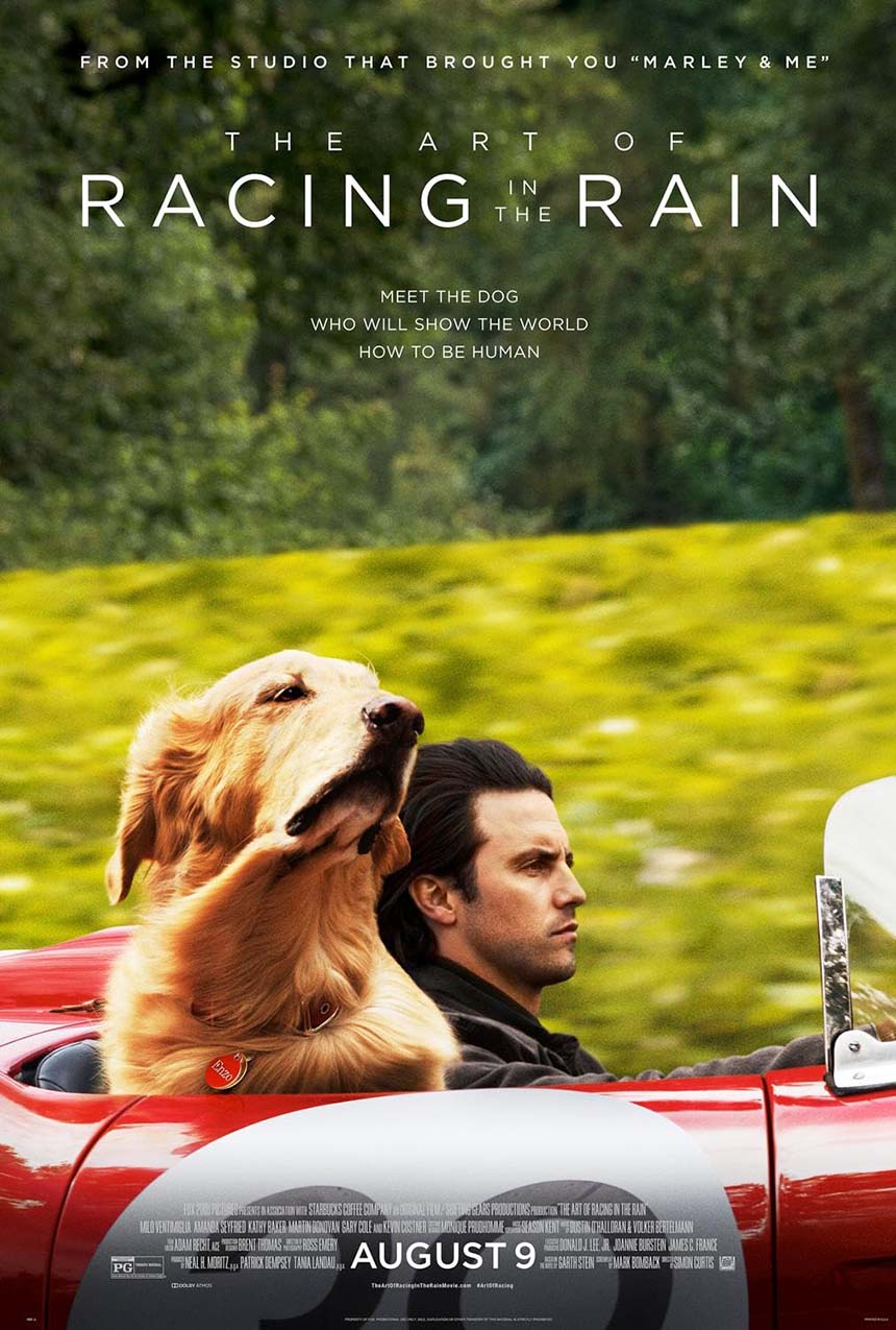 Official poster for The Art of Racing in the Rain showing a man driving a red convertible with a golden retriever sitting in the passenger seat.