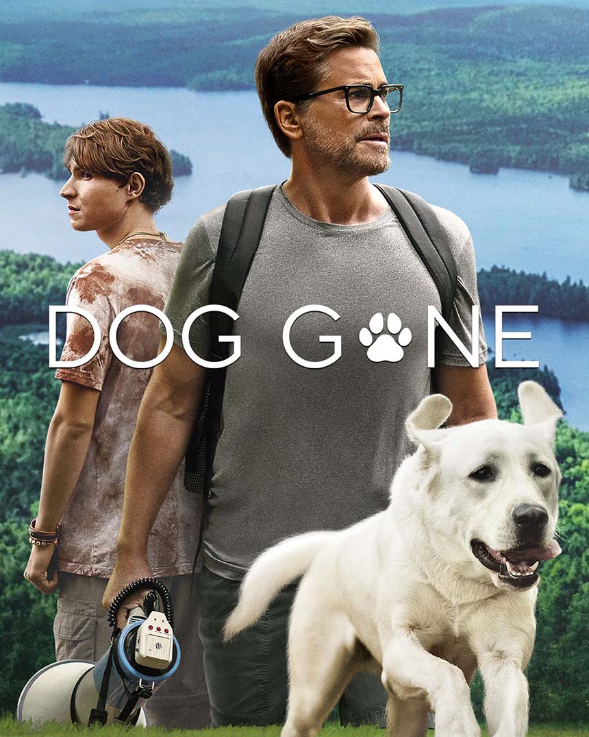 Official Dog movie poster featuring a man and a Belgian Malinois on a road trip.