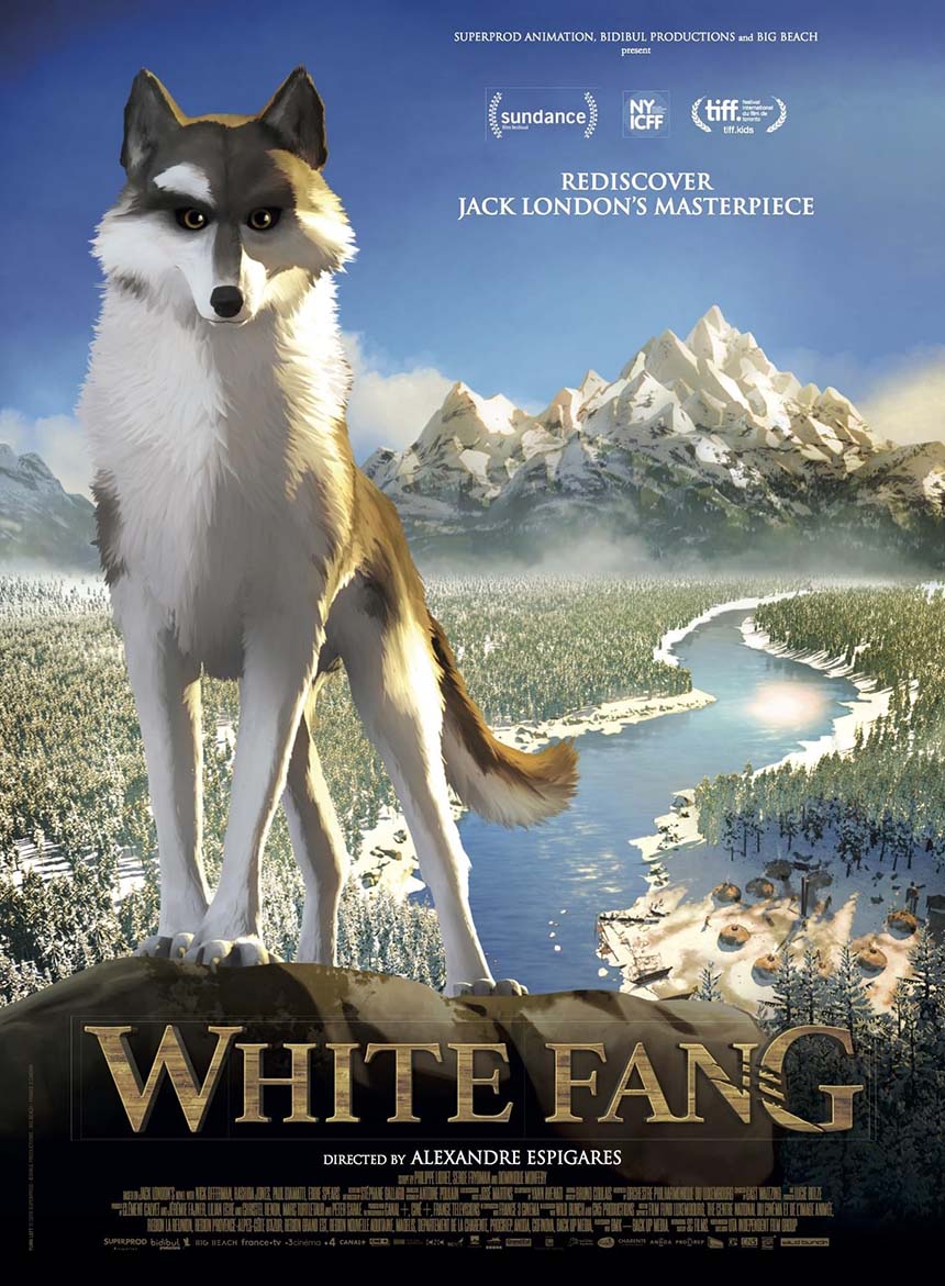 Official White Fang animated movie poster featuring a wolf-dog against a snowy mountain landscape.