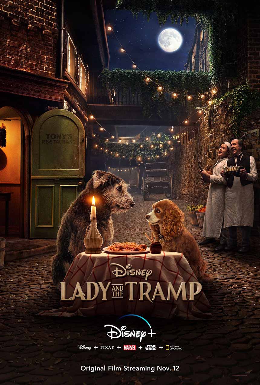 Official Lady and the Tramp movie poster showing two dogs sharing spaghetti under moonlight.