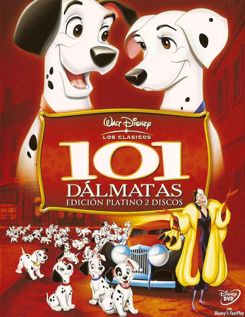 Official 101 Dalmatians movie poster featuring Pongo, Perdita, and their spotted puppies.