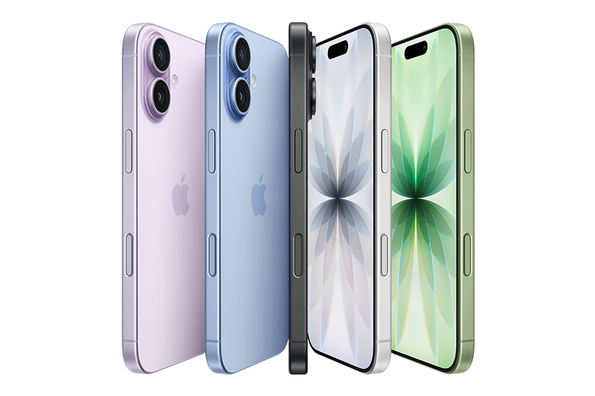 iPhones in various colors and sizes displayed side by side.
