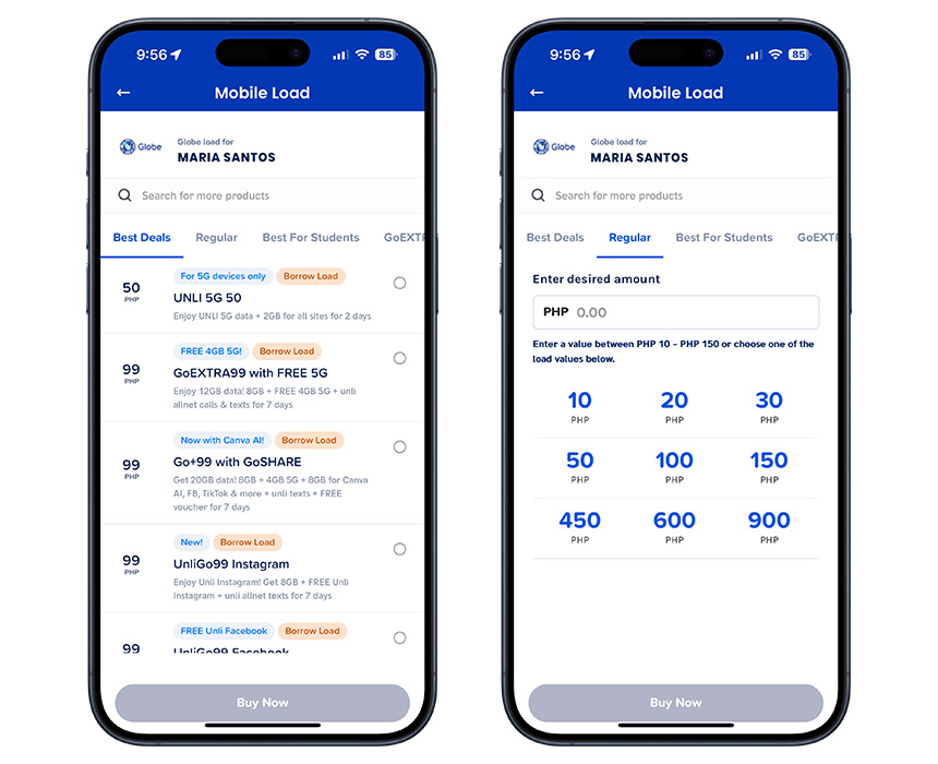 Photo of the GCash appâs UI for loading your Globe prepaid account.