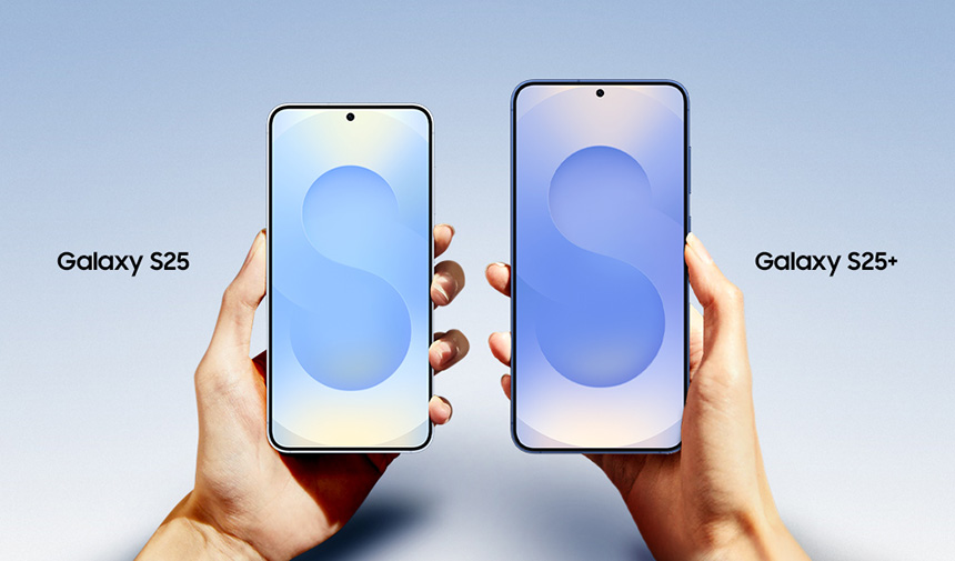 Photo of two hands holding the Samsung Galaxy S25 and S25+.