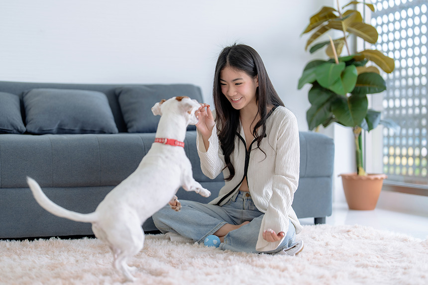 A woman giving treats to her dog.