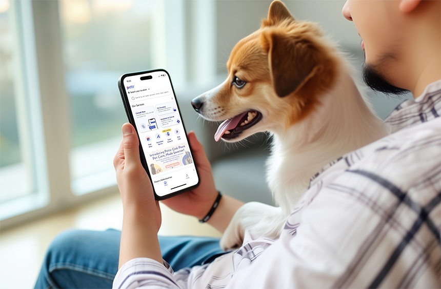 Pet owner using the Pettr app on a smartphone while holding a small dog at home.