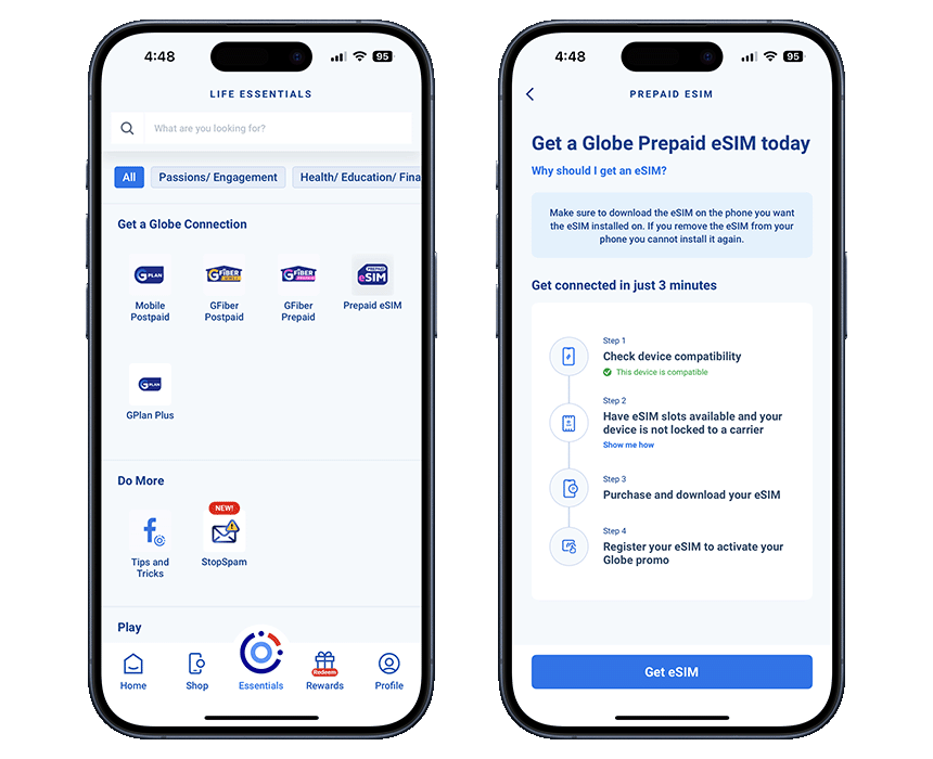 The GlobeOne app UI for purchasing a prepaid eSIM--the main place where to buy an esim in the Philippines.