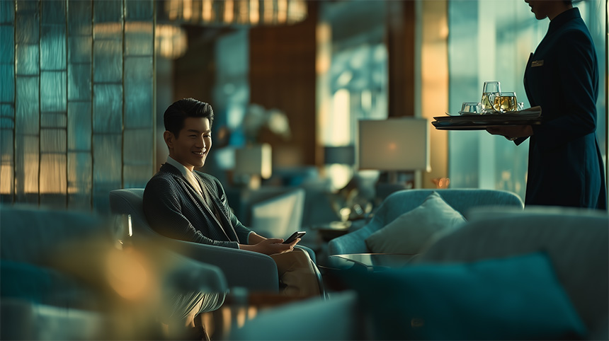 A man relaxes in an airport lounge as a staff member serves him a drink