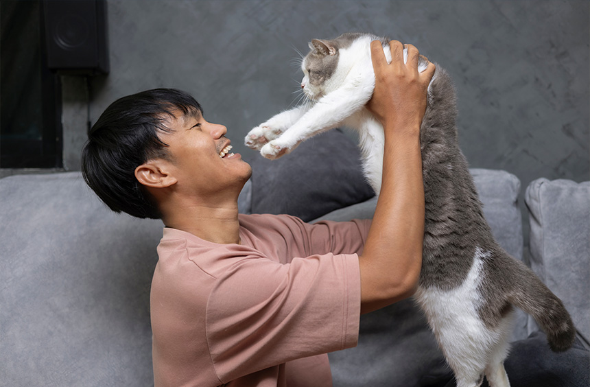 A male pet owner playing with her cat at home.