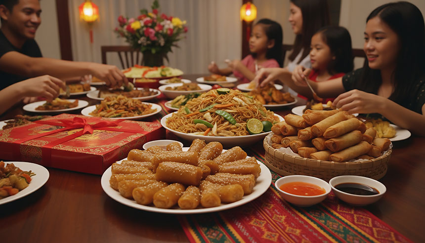 Family gathered around a dining table enjoying a Chinese New Year feast with noodles, spring rolls, and shared dishes.