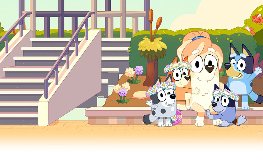 Family photo from Bluey, showcasing their playful and loving dynamics.