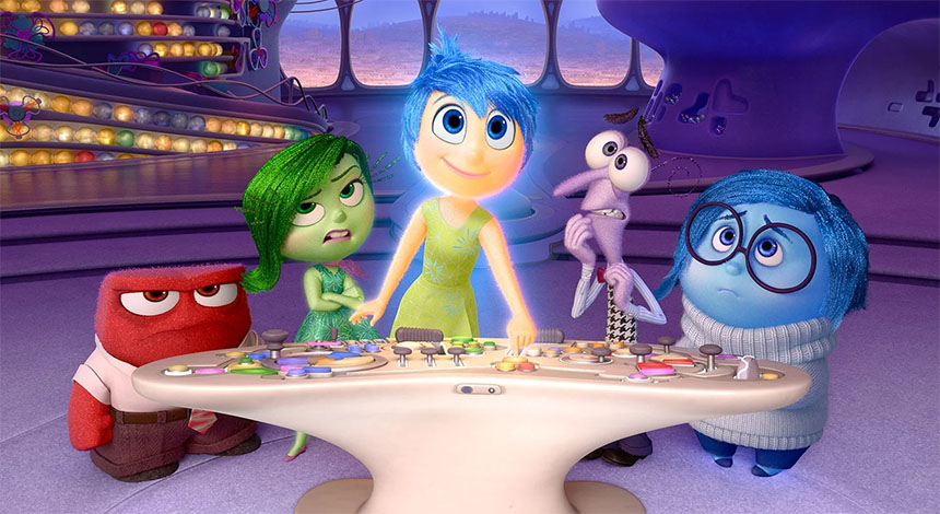 Inside Out characters spread out in the control console, emphasizing their colorful and expressive designs.